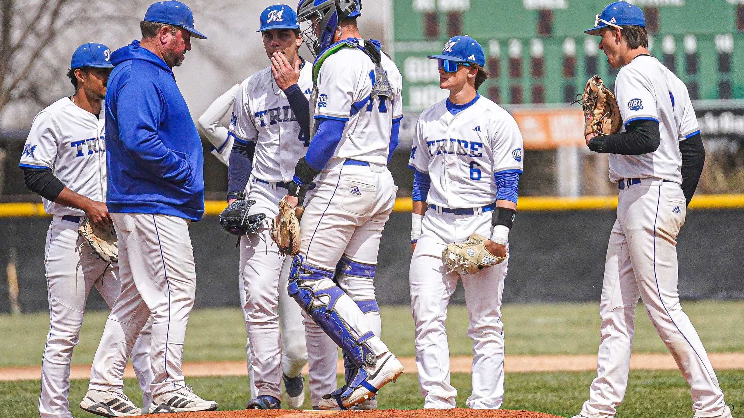 College baseball coach and players have conference on pitching mound.